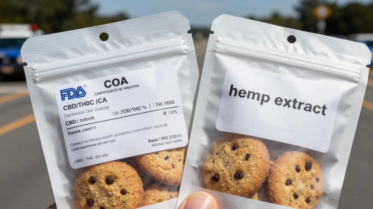 Two CBD cookie packages side by side: one with clear lab certificate, one with vague labeling, near state border checkpoint.