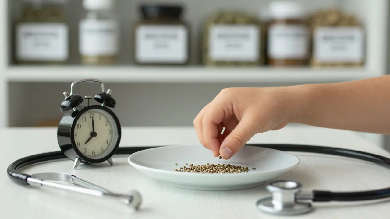 Dítě přidává jedno semínko konopí na talíř, vedle stojí lékařský přístroj a nejasné balení produktů.