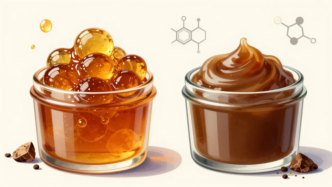 Dva typy konopných koncentrátů: live resin a běžný koncentrát, vedle sebe v skleněných nádobách.