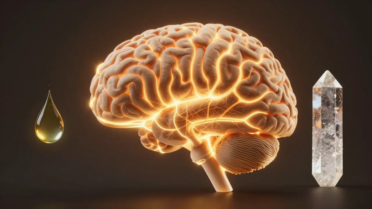 Ilustrace mozku s neurologickými cestami spojenými s entourage efektem a izolovaným THC.