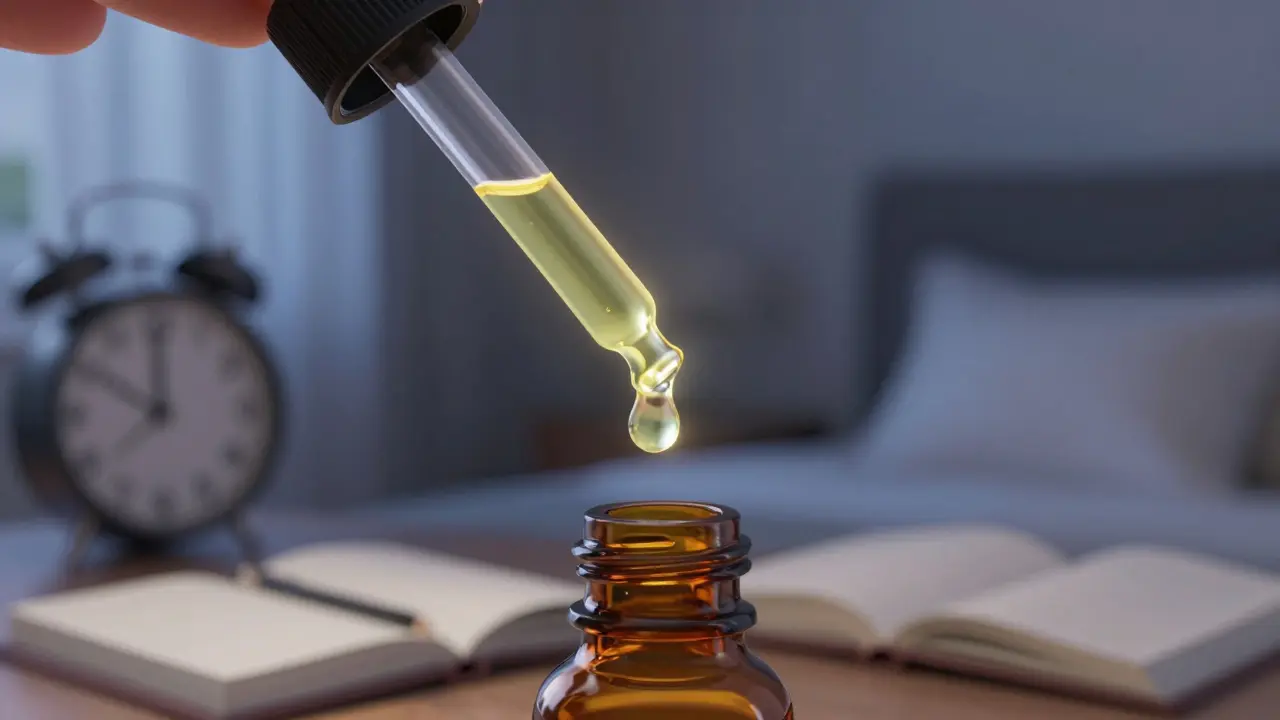 Kapky CBD oleje padají na jazyk v klidné noční scéně s jemným zářením.