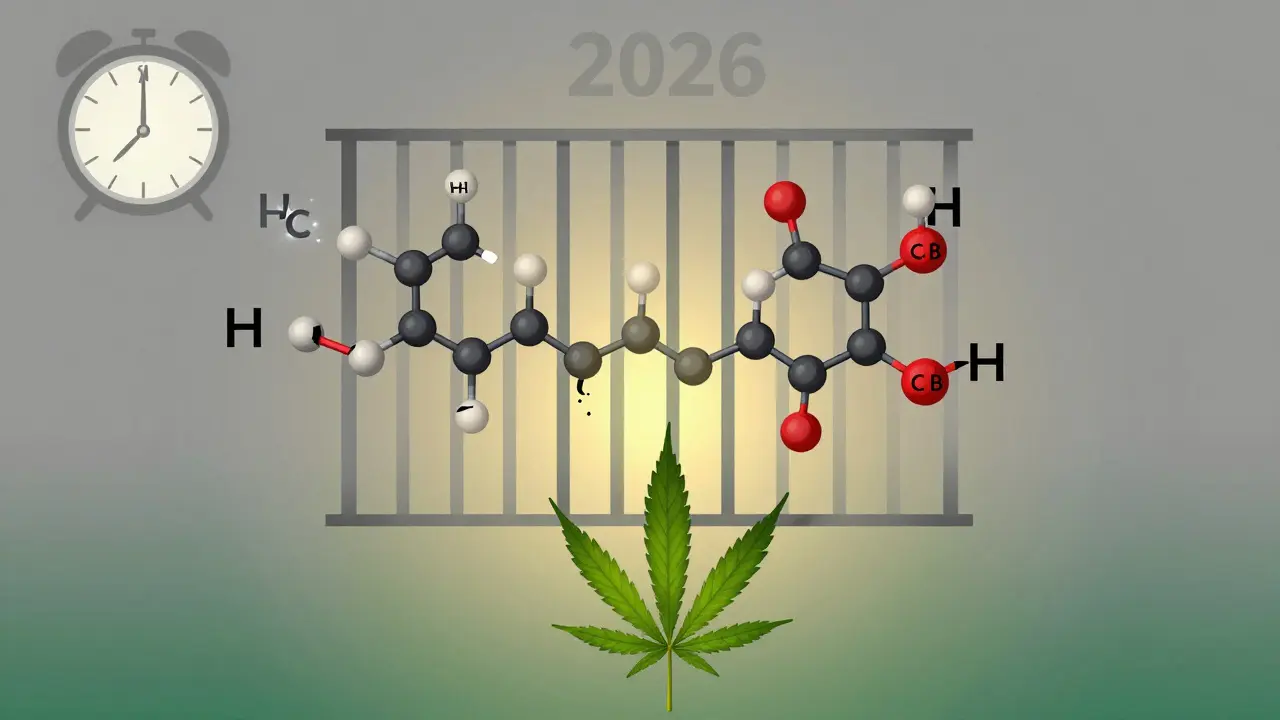 Molekulární struktura H4CBD se mění v železnou klec, zatímco CBD list roste v popředí.