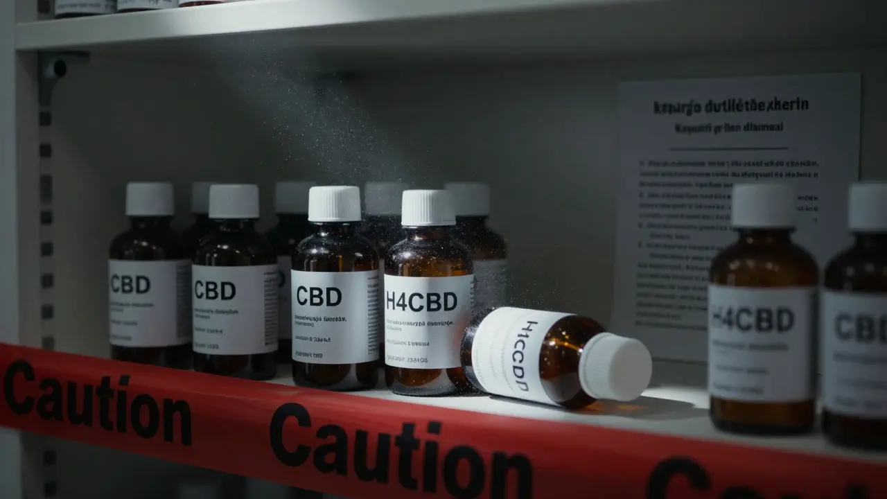 Police s CBD a H4CBD v české lékárně, kde H4CBD je skrytá pod varovnou páskou.
