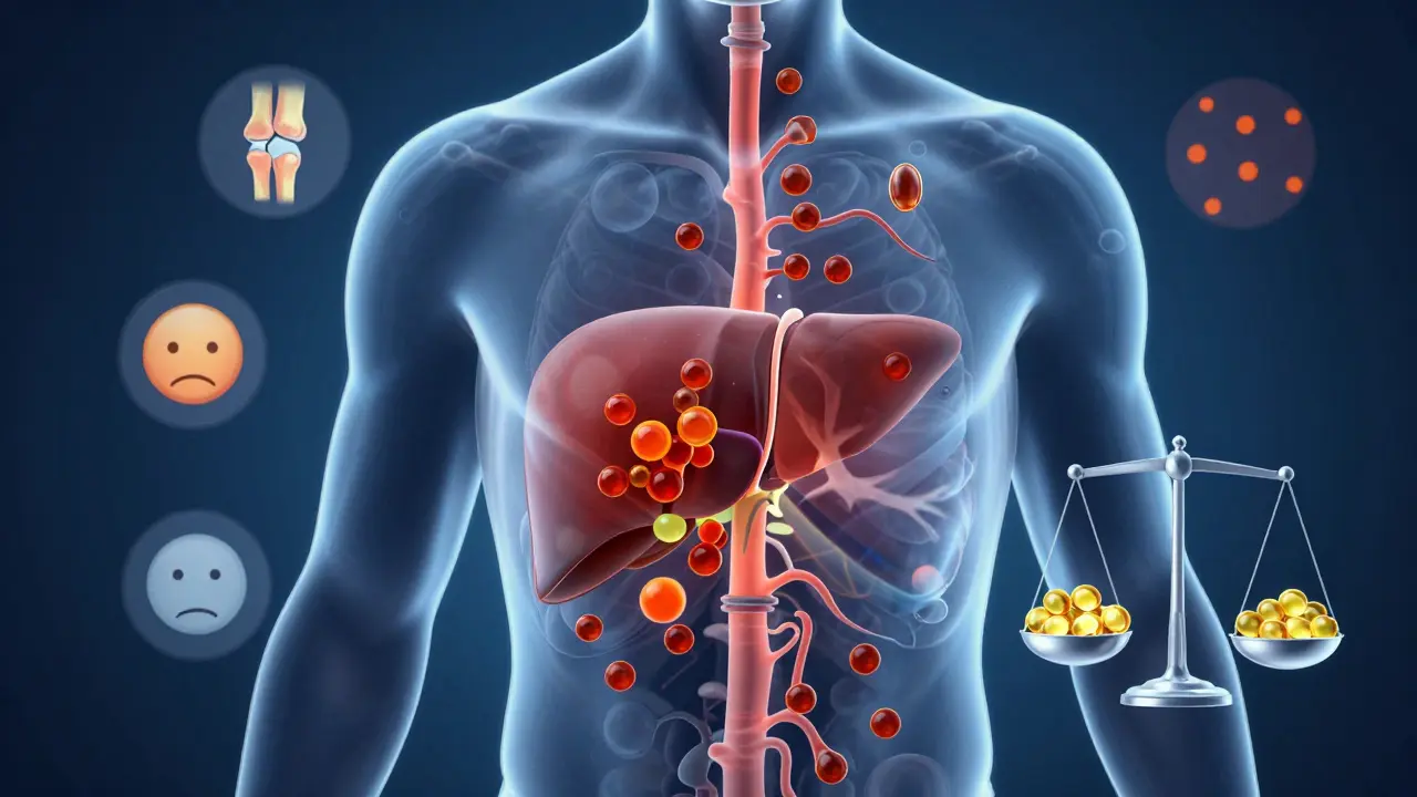Průřez tělem ukazující porušení jaterních enzymů při konzumaci konopného oleje a přebytek omega-6.