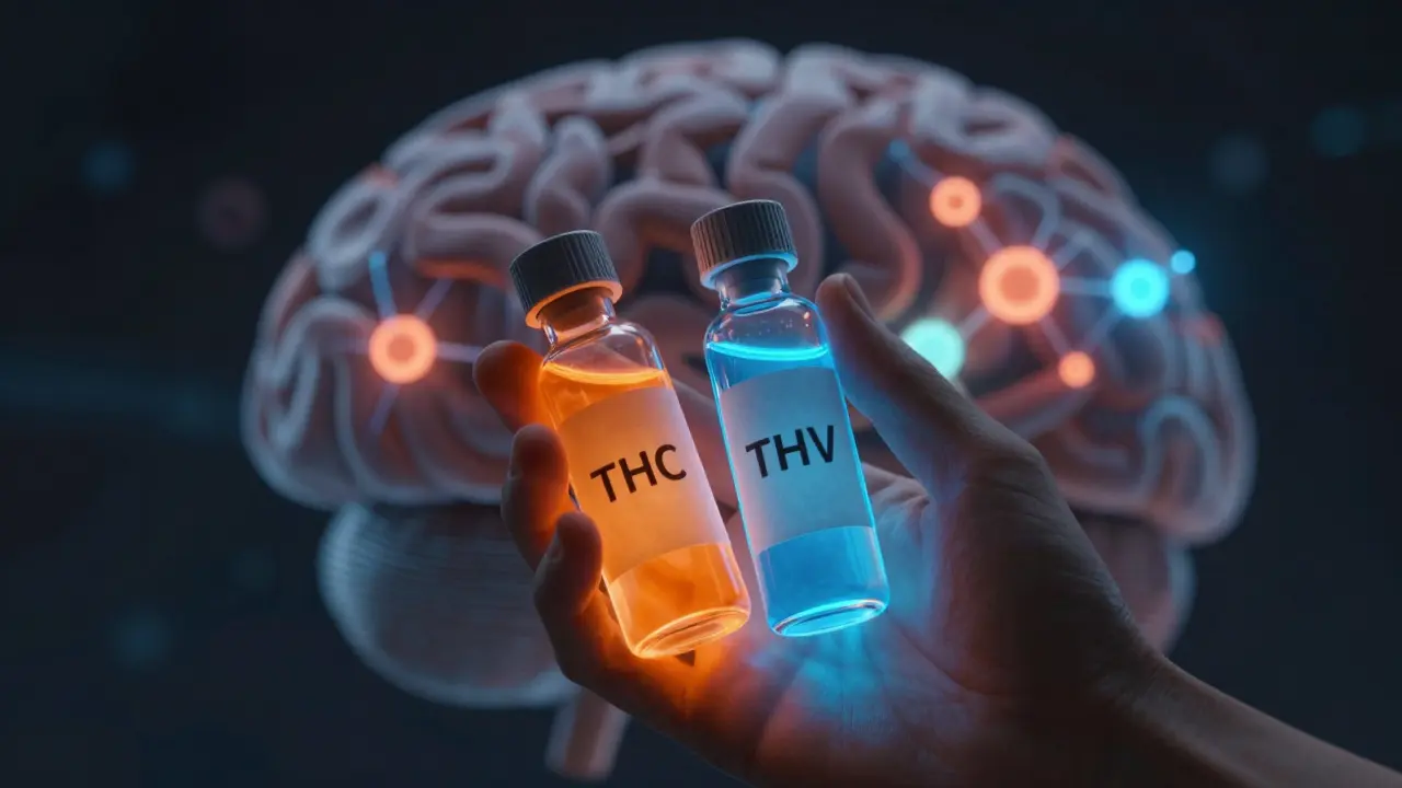Ruka drží dvě lahvičky s THC a THCV, které ovlivňují světlo v mozku — THCV blokuje účinky THC.
