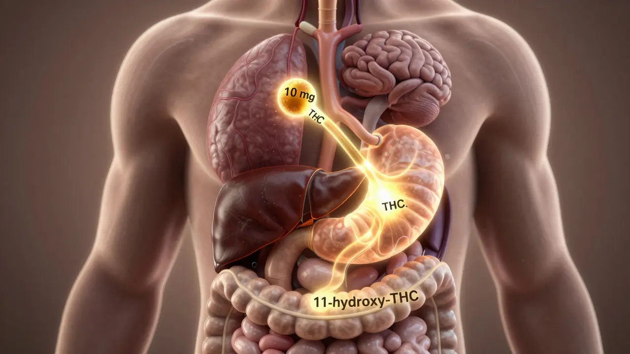 Schematický obraz trávicího traktu s přeměnou THC na 11-hydroxy-THC v játrech.