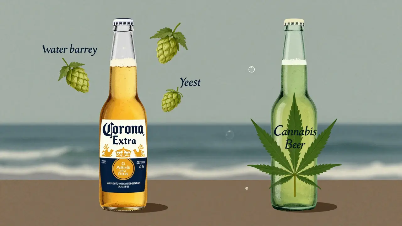 Side-by-side beer bottles: Corona with brewing ingredients vs. cannabis beer with hemp leaves.