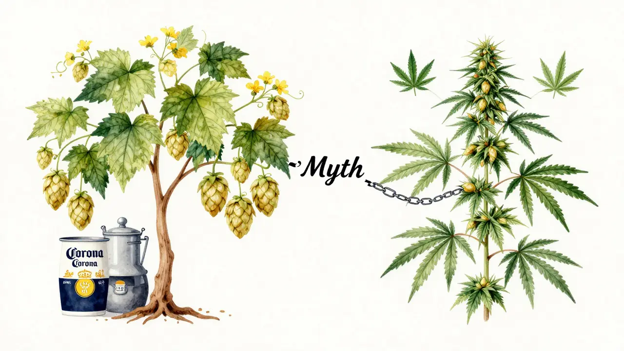 Split tree showing traditional hops versus cannabis, connected by broken chain labeled 'Myth'.