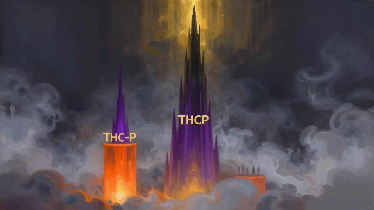 Tři vrstvy symbolizující sílu kanabinoidů: HHC-P, THC-P a THCP, s rostoucí výškou a intenzitou světla.