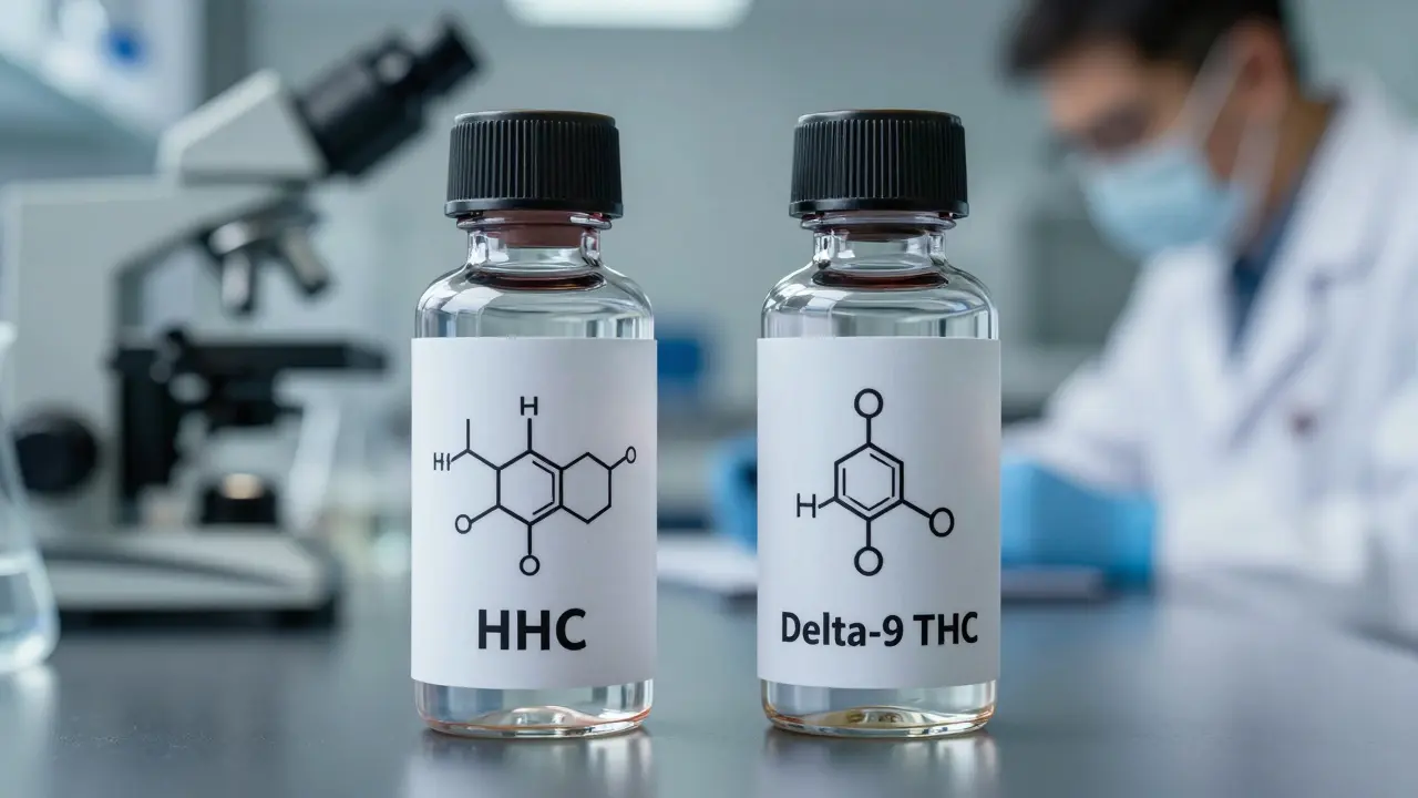 Vědci v laboratoři analyzují dvě látky — HHC a Delta-9 THC — s viditelnými molekulárními strukturami.