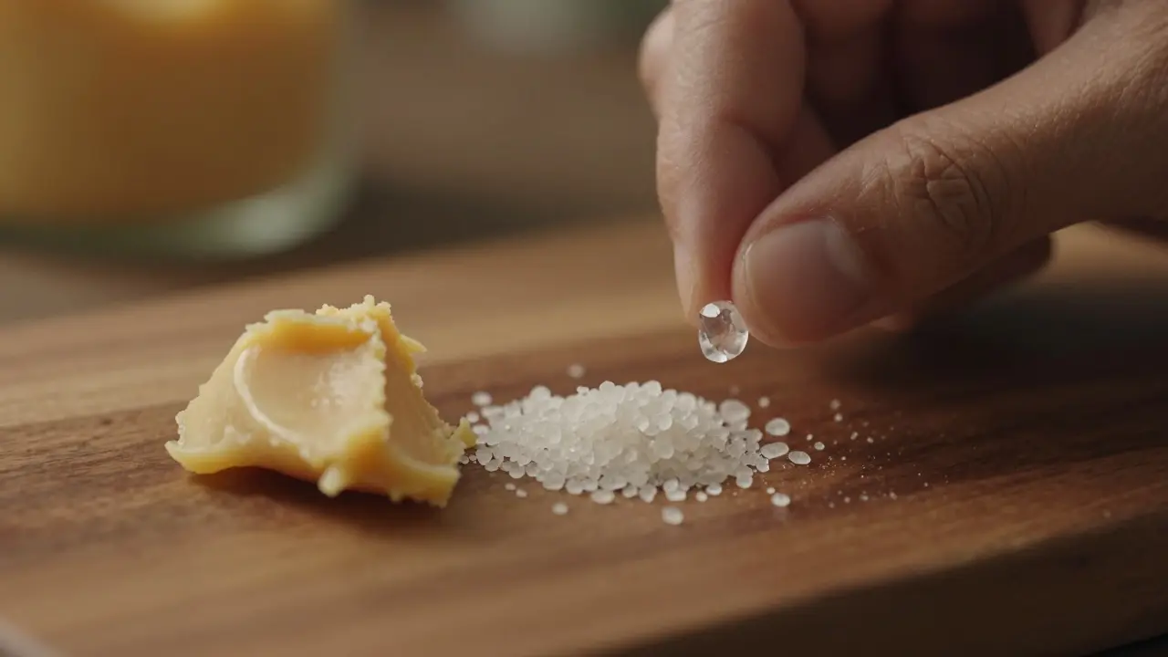 Detail krystalky CBD crumble vedle mandlového másla na dřevěném podkladu.