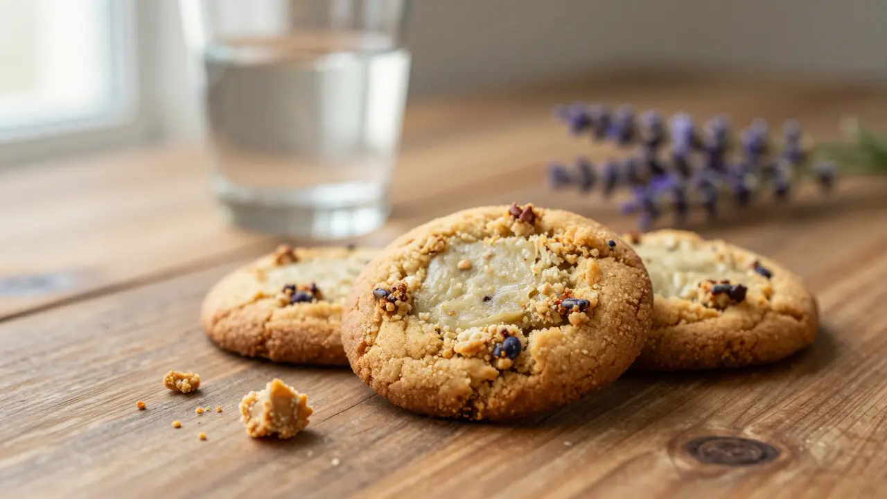 Gurmánské konopné cookies na rustikálním dřevěném stole.