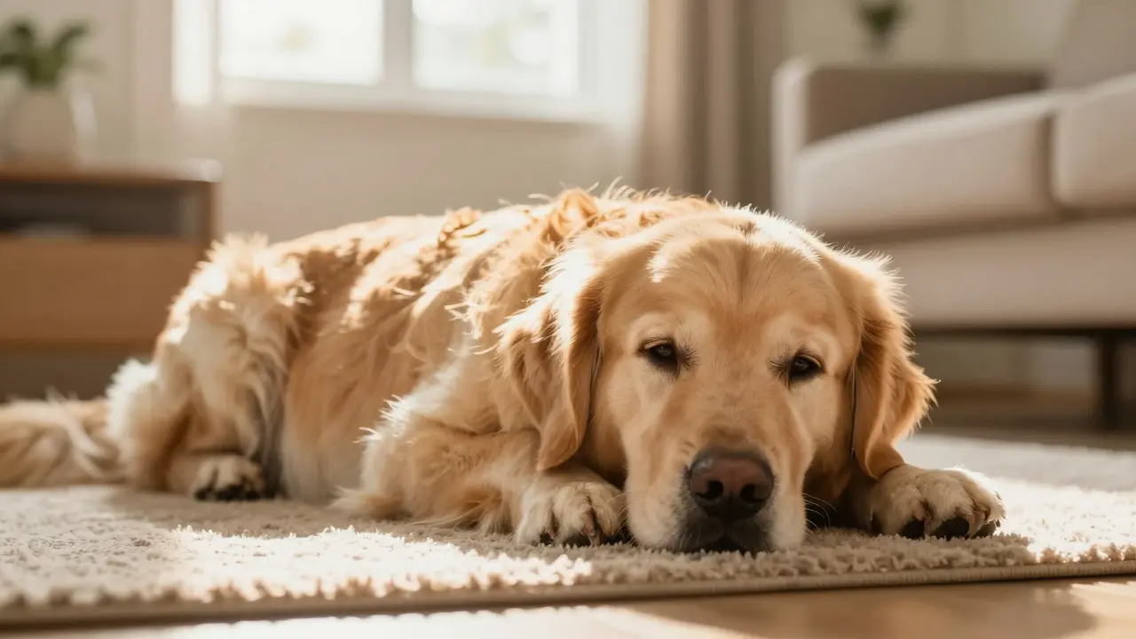 Klidný seniorní zlatý retriever odpočívající v teple obývacího pokoje