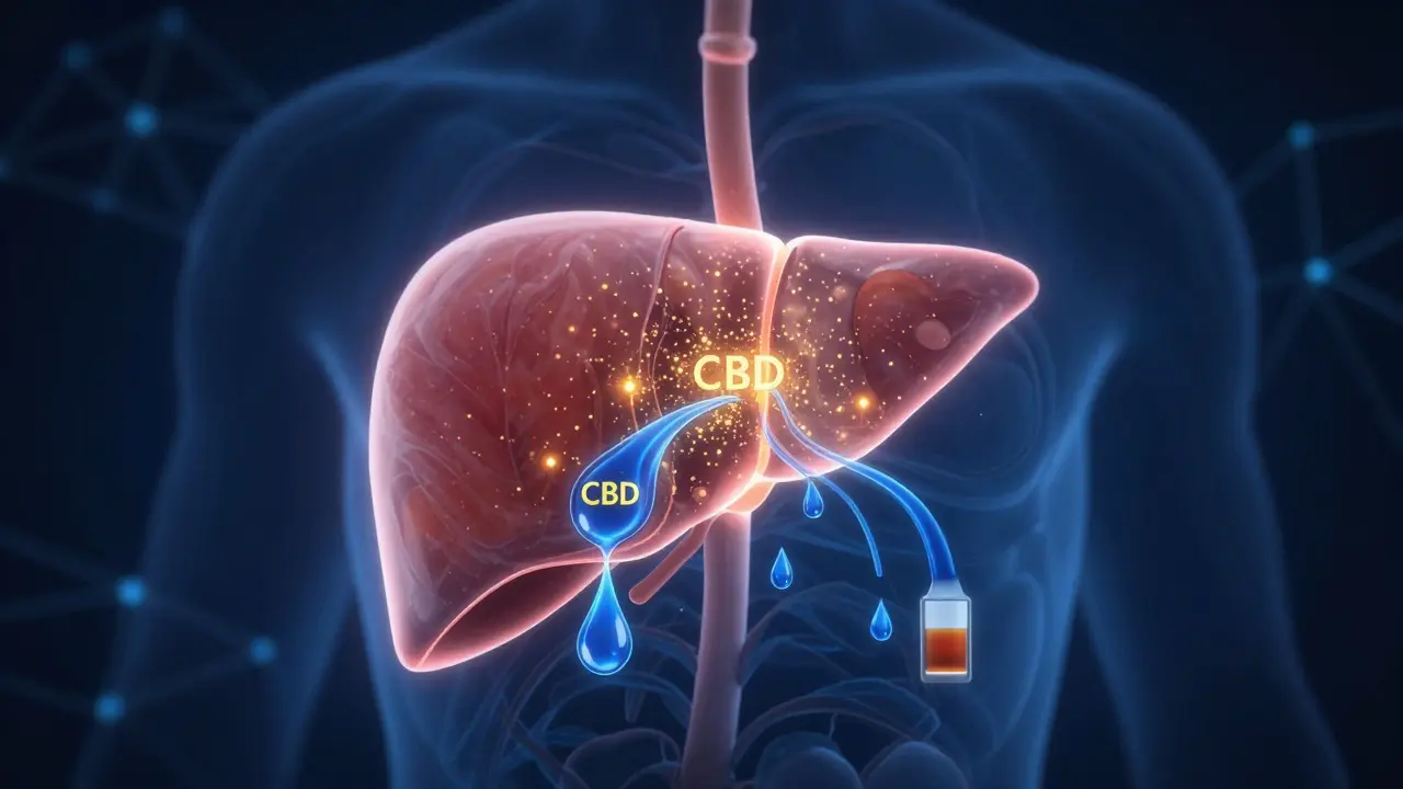 Koncepční ilustrace jater zpracovávajících CBD a alkohol v lidském těle.