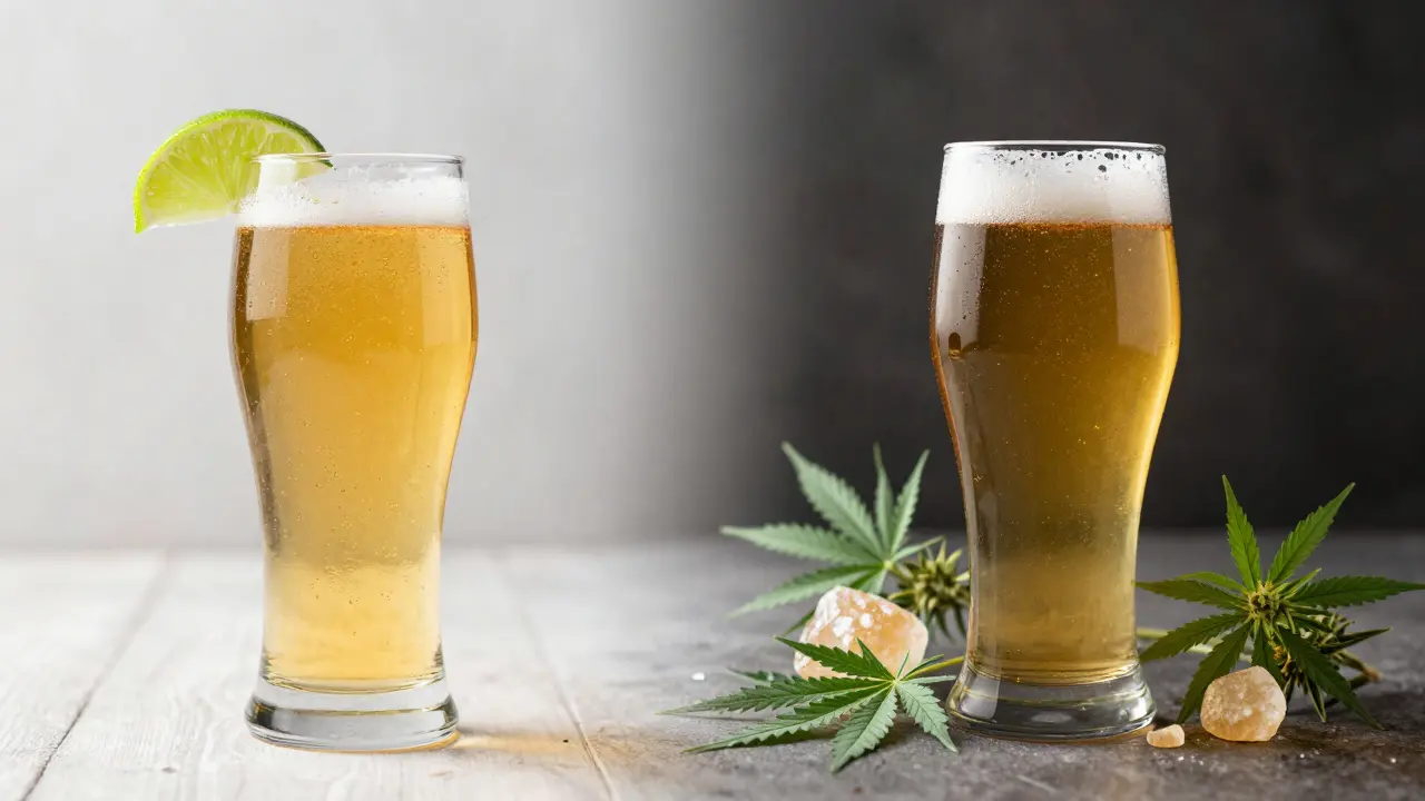 Konceptuální srovnání tradičního mexického lageru a relaxačního konopného piva s listy CBD.