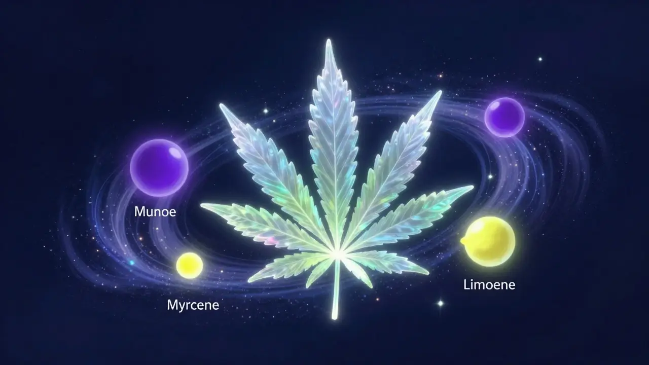 Konceptuální zobrazení terpenů a efektu entourage kolem konopného listu.