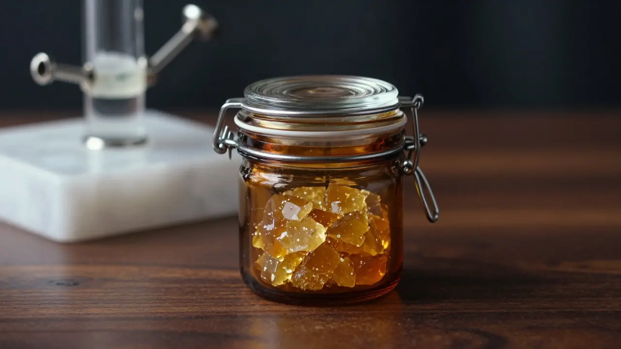 Kvalitní CBD shatter uložený v uzavřené skleněné nádobce na tmavém dřevěném stole.