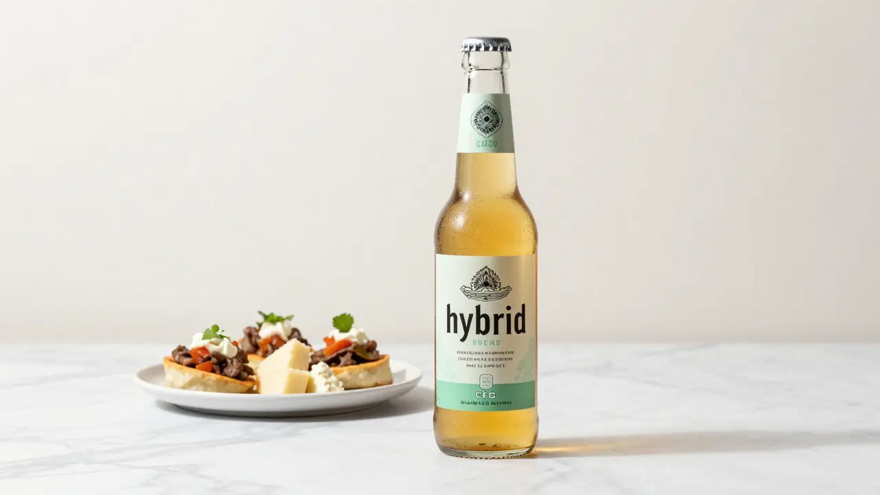 Moderní hybridní pivo v minimalistickém prostředí s tapas a sýrem.