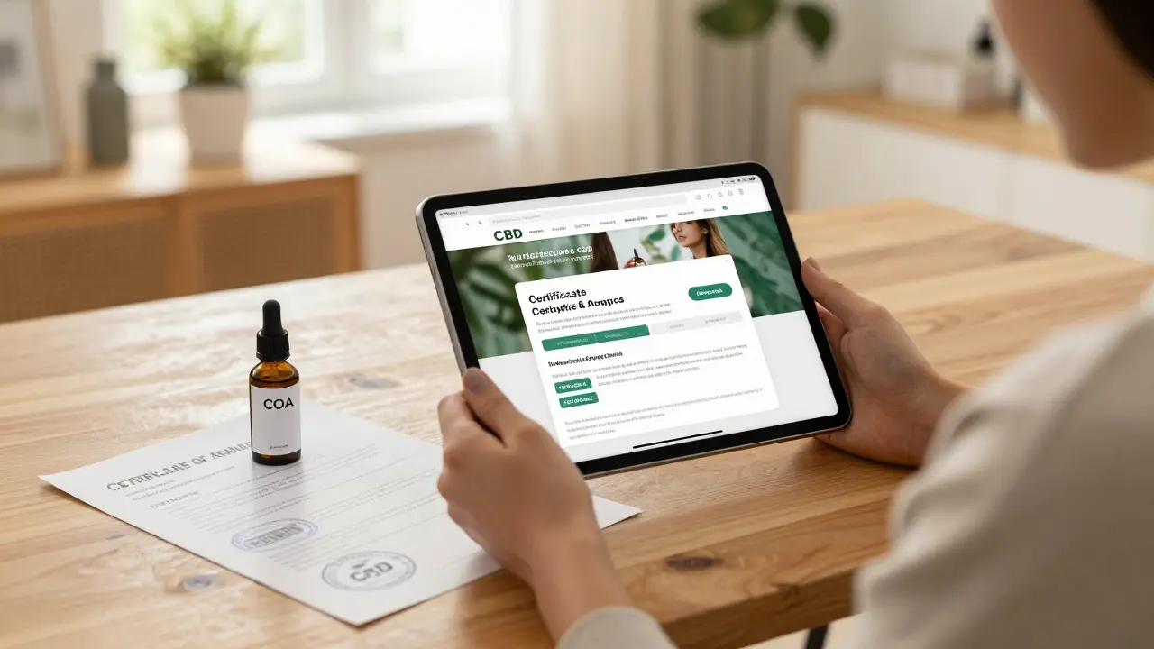 Osoba nakupuje certifikované CBD produkty online v klidném domácím prostředí.