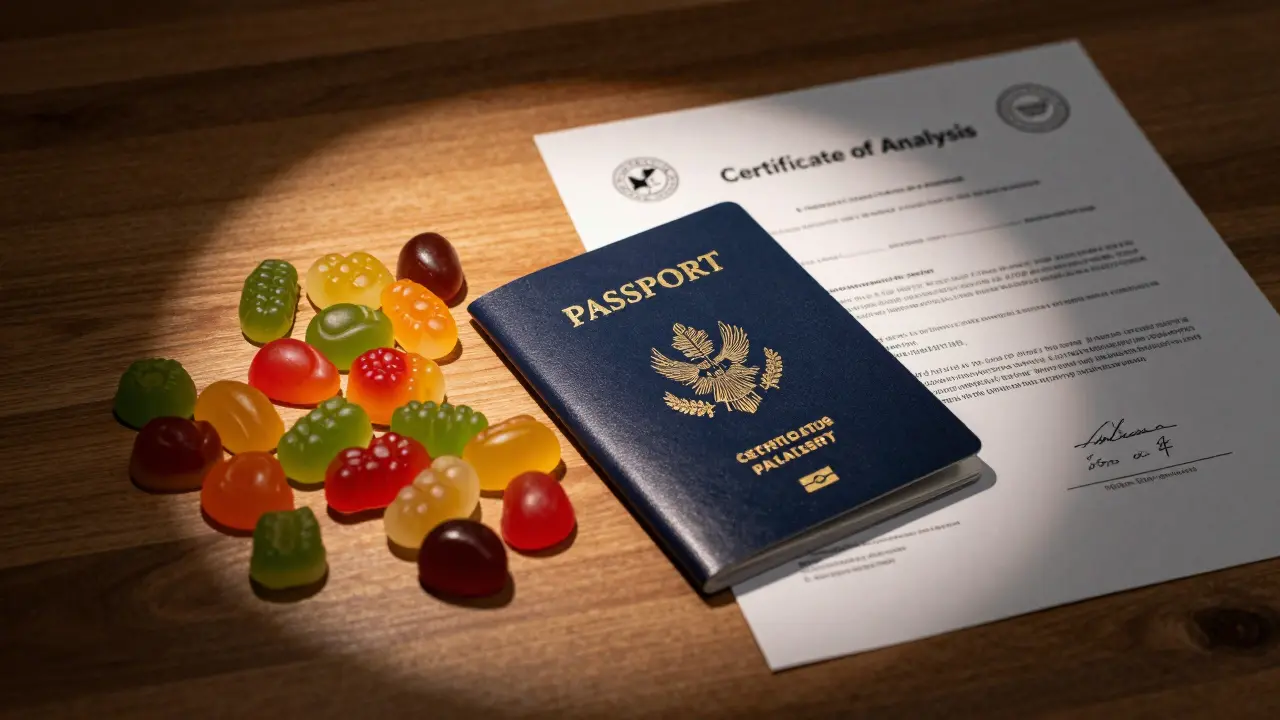 Pas, certifikát analýzy a barevné gumové bonbonky položené na stole.