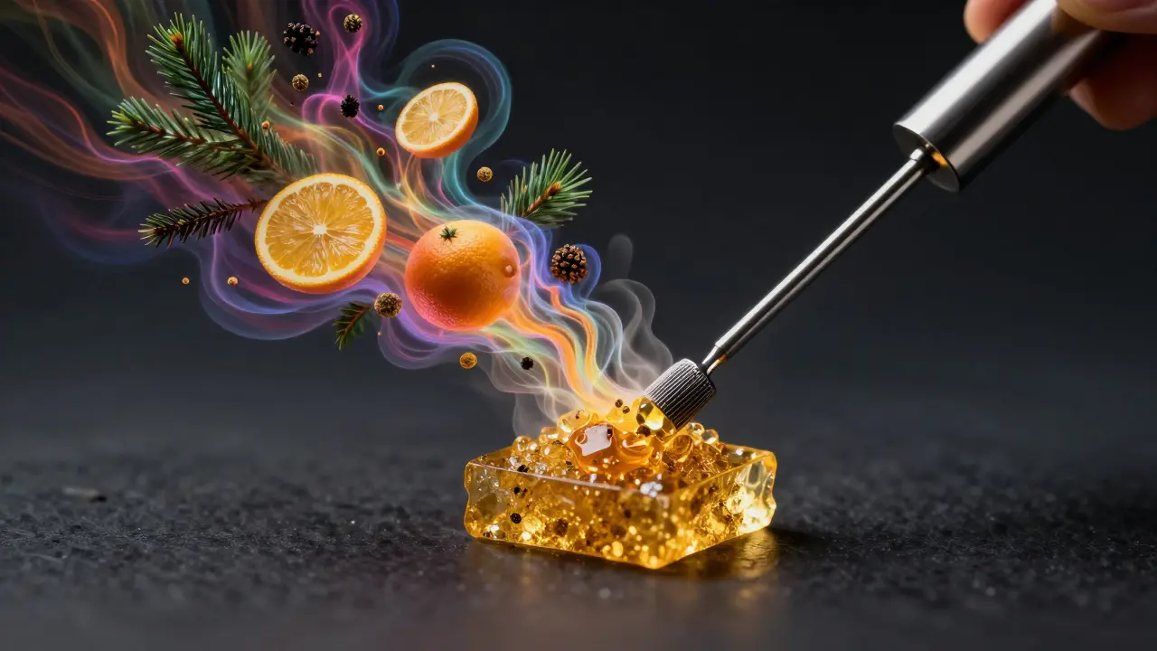 Zahřívaný CBD shatter uvolňující barevné symboly citrusů a borovice reprezentující terpeny.