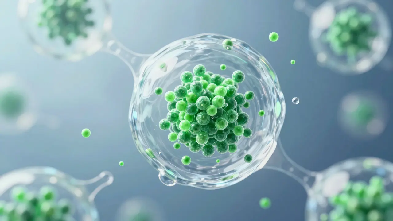 Abstraktní ilustrace nanoemulze kanabinoidů ve vodě