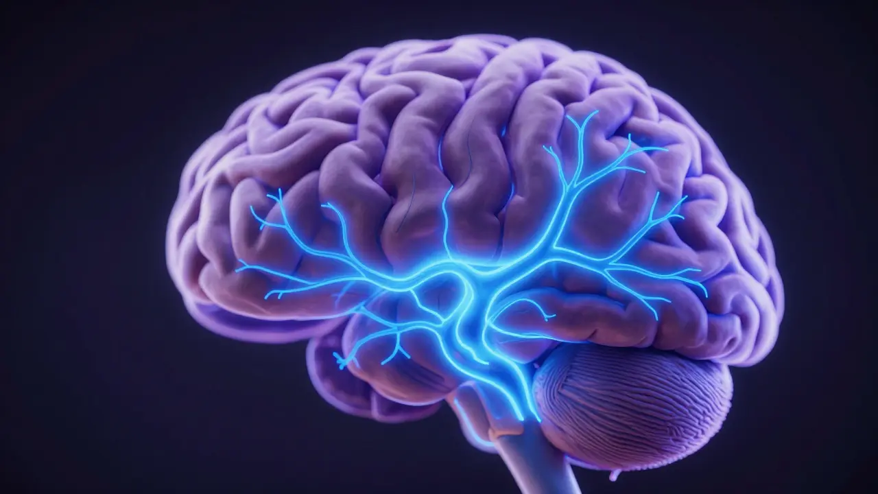Abstraktní vizualizace vlivu CBN na mozek a serotonin