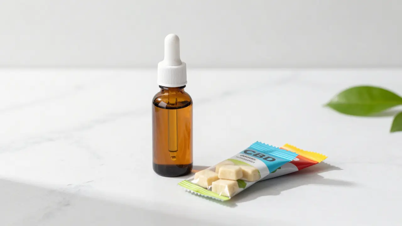 CBD olej a žvýkačky jako alternativy na mramorovém stole