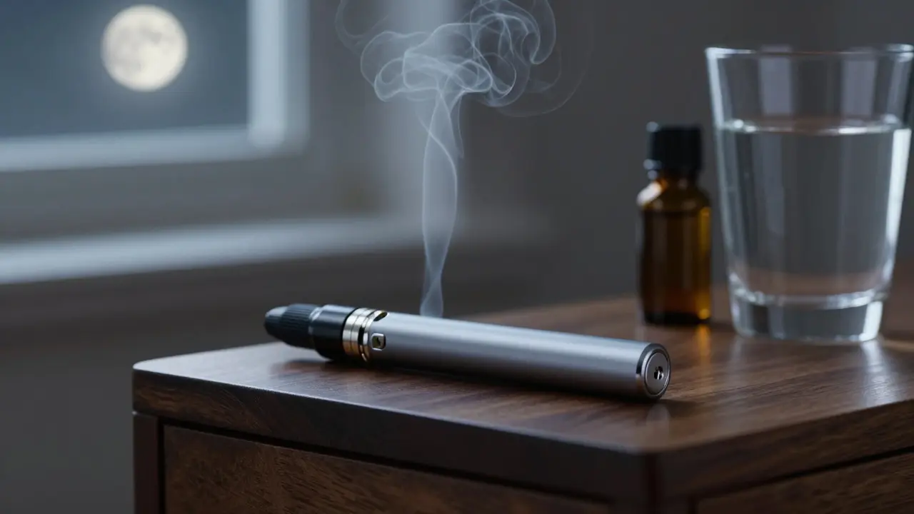 CBD vape pera s párou na nočním stolku vedle vody