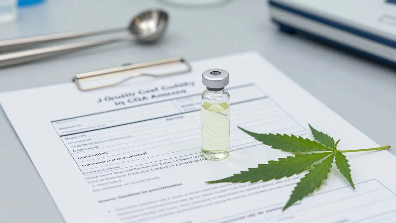 Certifikát kvality a čistý extrakt konopí na laboratorním stole