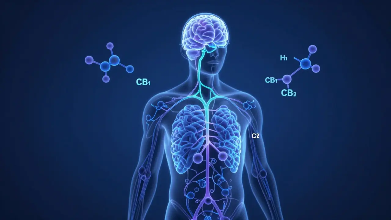 Konceptuální ilustrace interakce CBD s endokanabinoidním systémem