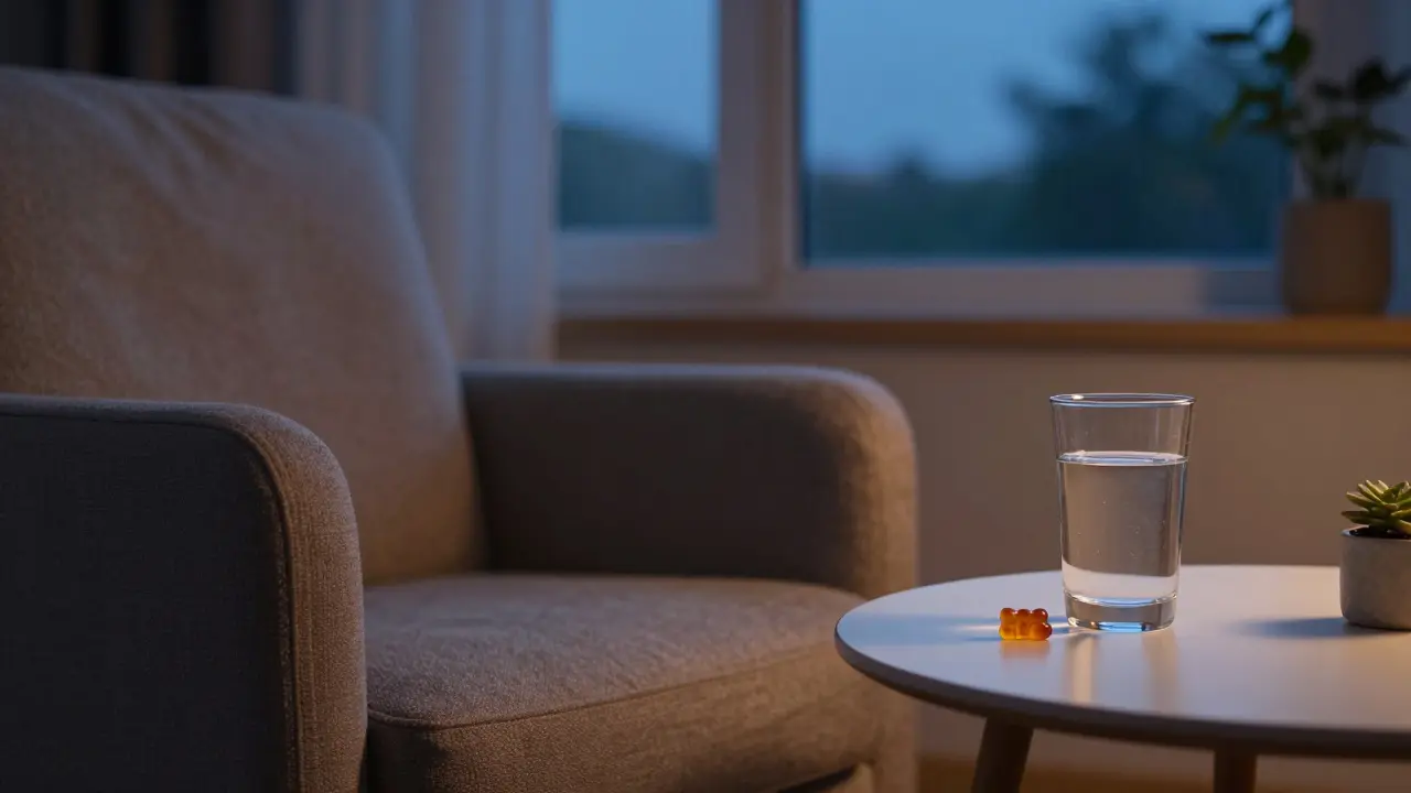 Relaxační večerní scéna s pohovkou a sklenicí vody