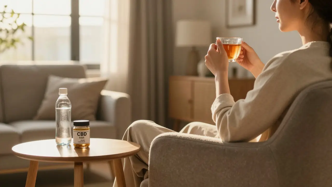 Relaxovaná osoba s čajem a lahví vody v obývacím pokoji