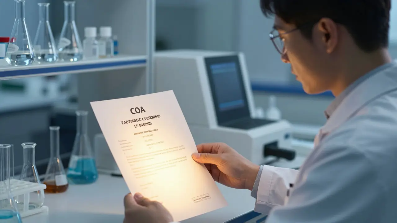Vědec v laboratoři drží svítící certifikát analýzy pro ověření kvality.