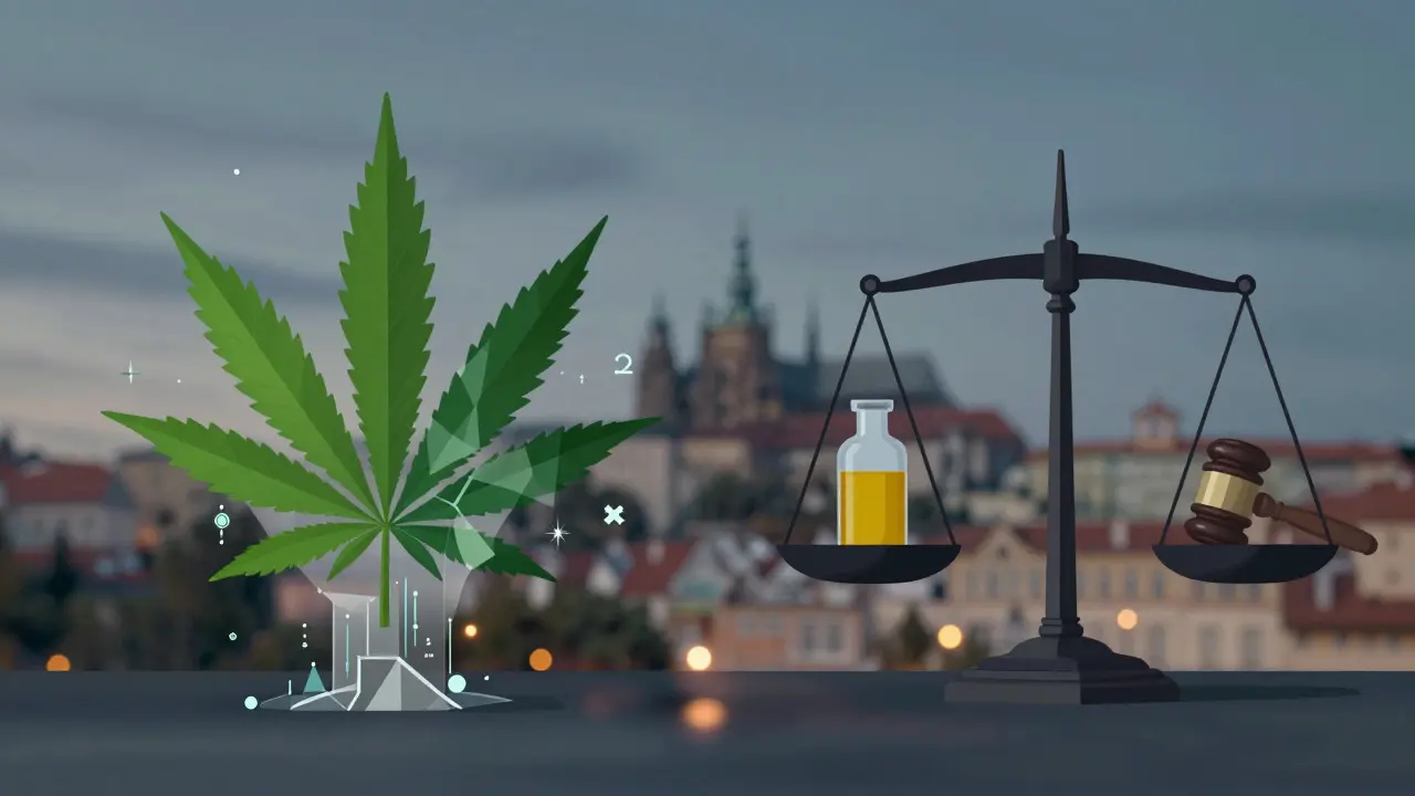 Abstraktní ilustrace právního rámce a regulace kanabinoidů v ČR