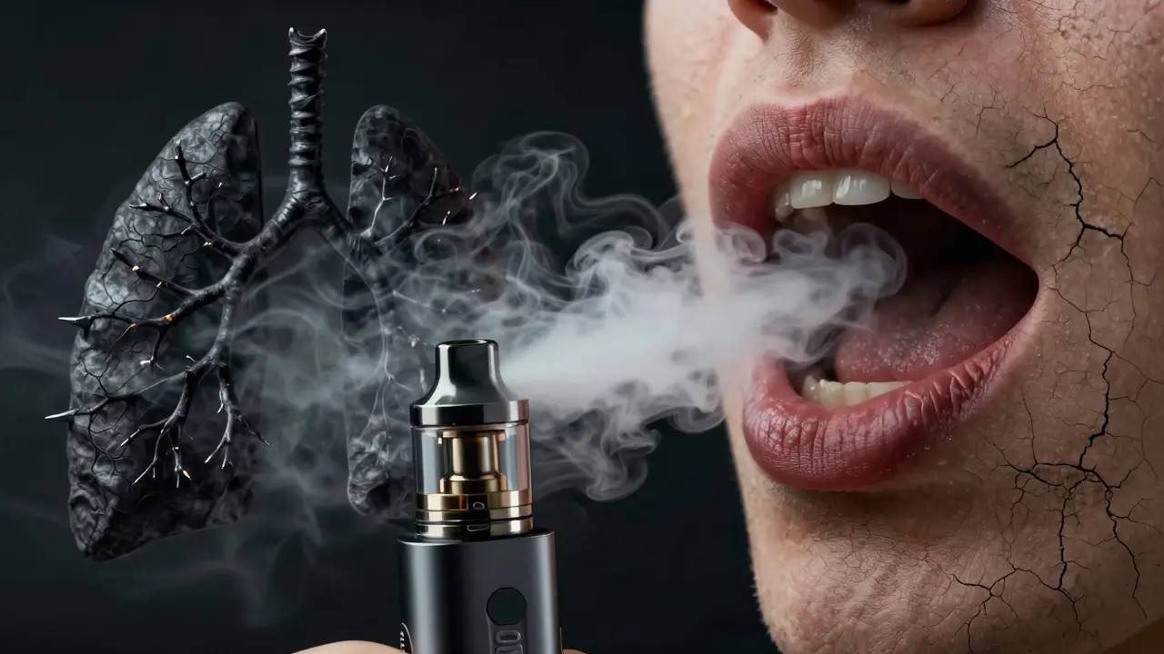 CBD vapka a suché ústa symbolizující rizika pro plíce a zdraví
