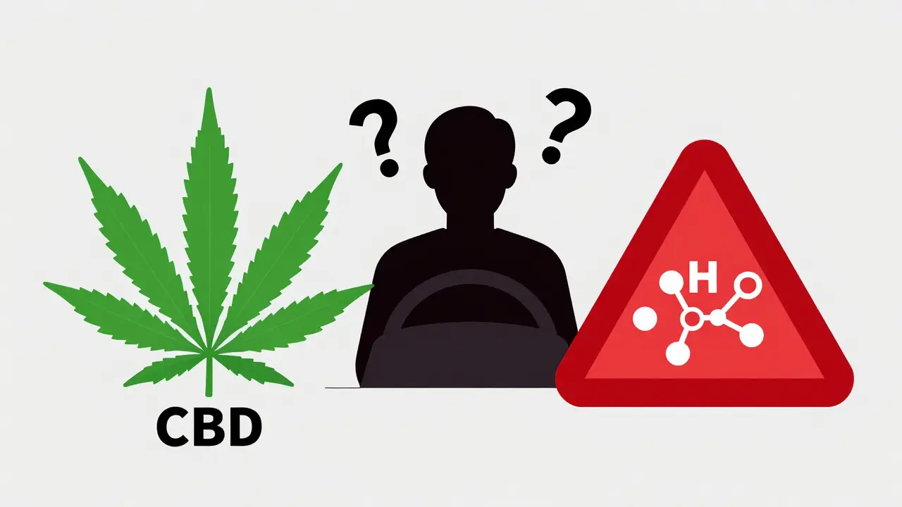 Ilustrace rozdílu mezi CBD a THC s motivem řidiče za volantem.