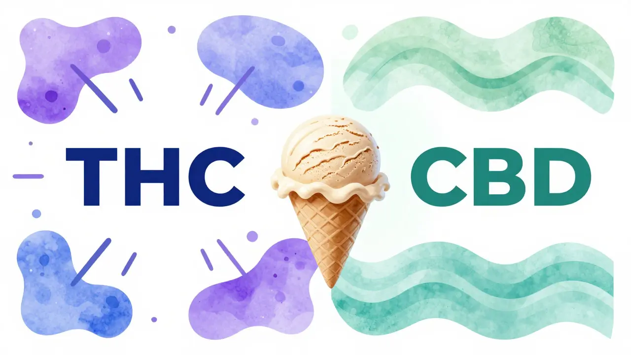 Konceptuální ilustrace rozdílů mezi účinky THC a CBD v barvách