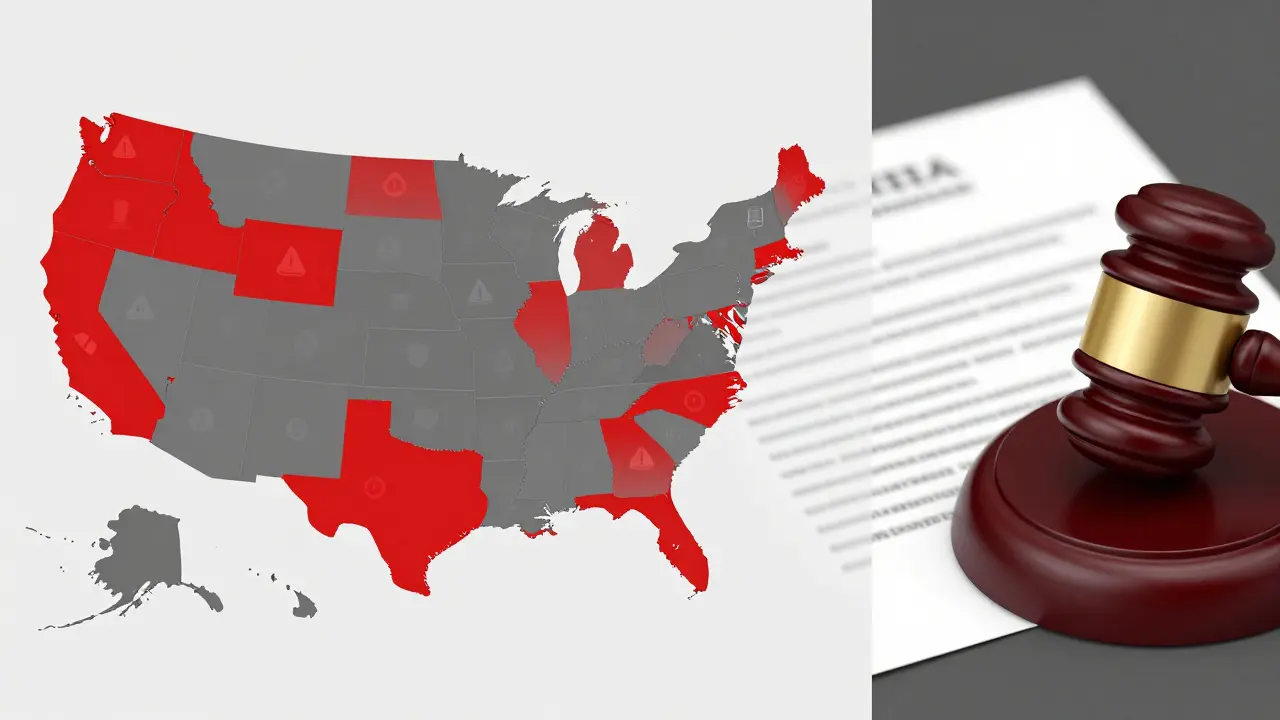 Mapa USA s červeně zvýrazněnými státy zakazujícími HHC produkty