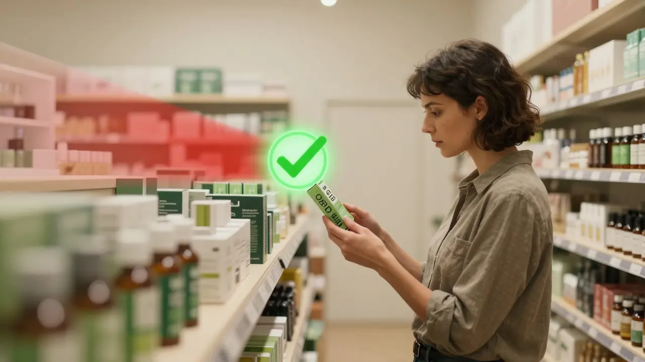 Zákazník vybírá bezpečný CBD produkt v obchodě