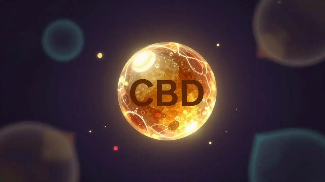 Abstraktní ilustrace entourage efektu a molekulární synergie CBD