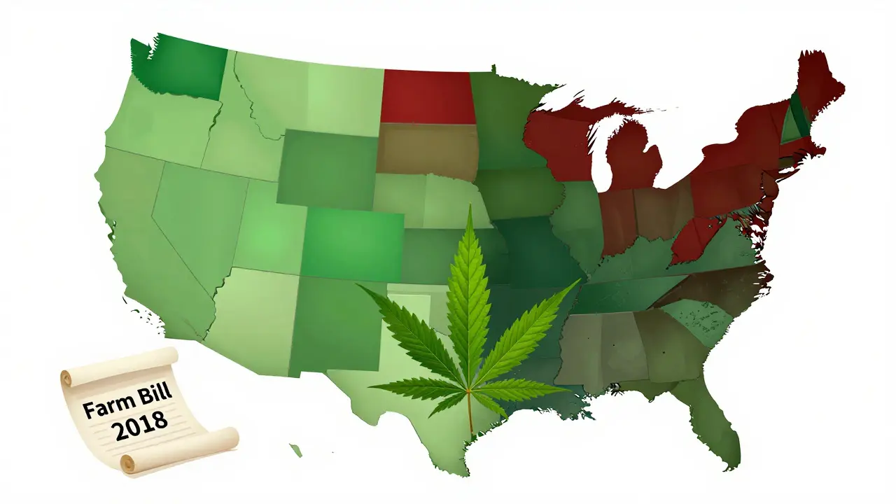 Abstraktní mapa USA ukazující různé zákony států o CBD