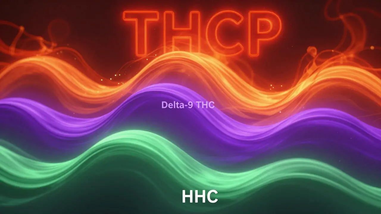 Abstraktní vizualizace síly účinků HHC, delta-9 a THCP