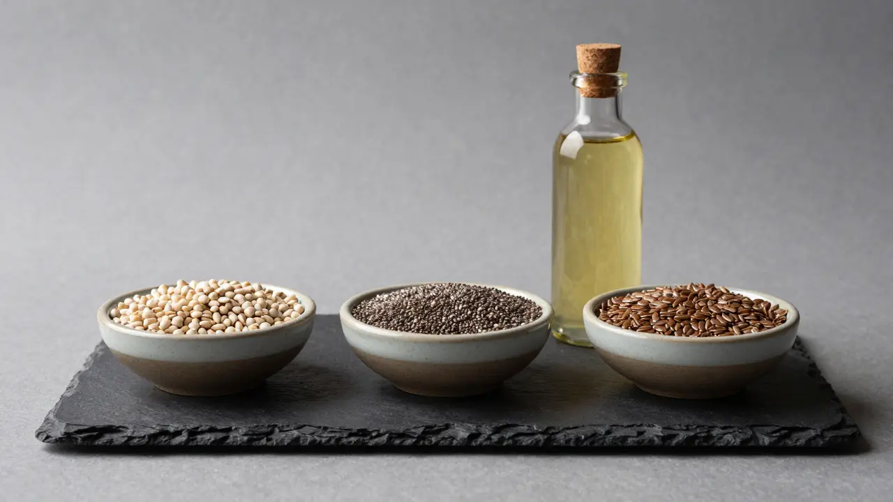 Comparison of hemp, chia, and flax seeds in ceramic bowls
