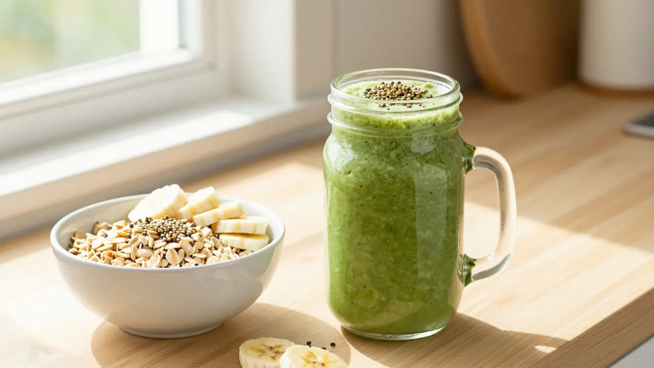 Healthy breakfast with smoothie and oatmeal topped with hemp seeds