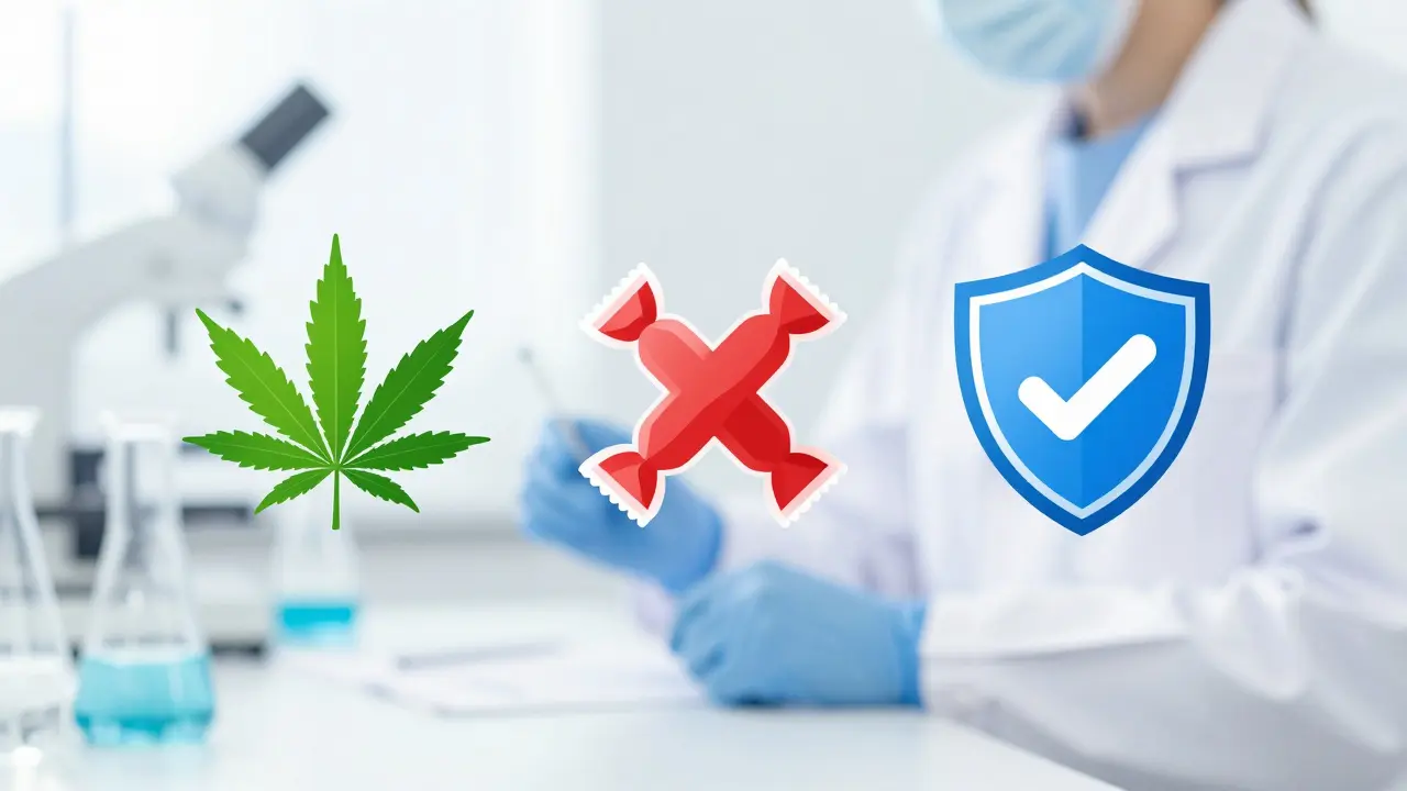 Ilustrace bezpečnosti CBD: list konopí, zákaz cukru, veterinární kontrola