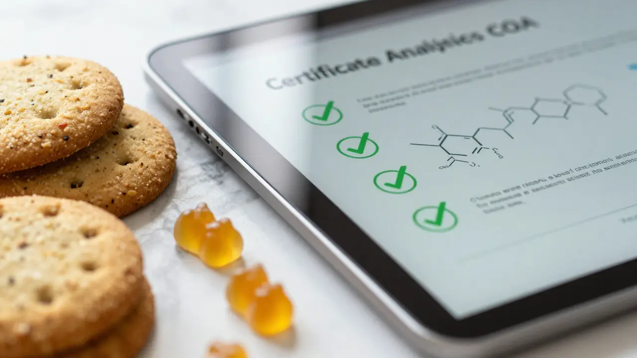 Kvalitní CBD sušenky vedle certifikátu analýzy