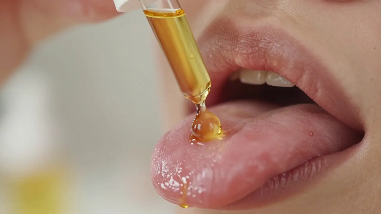 Makro záběr kapky CBD oleje pod jazykem pro rychlé vstřebání