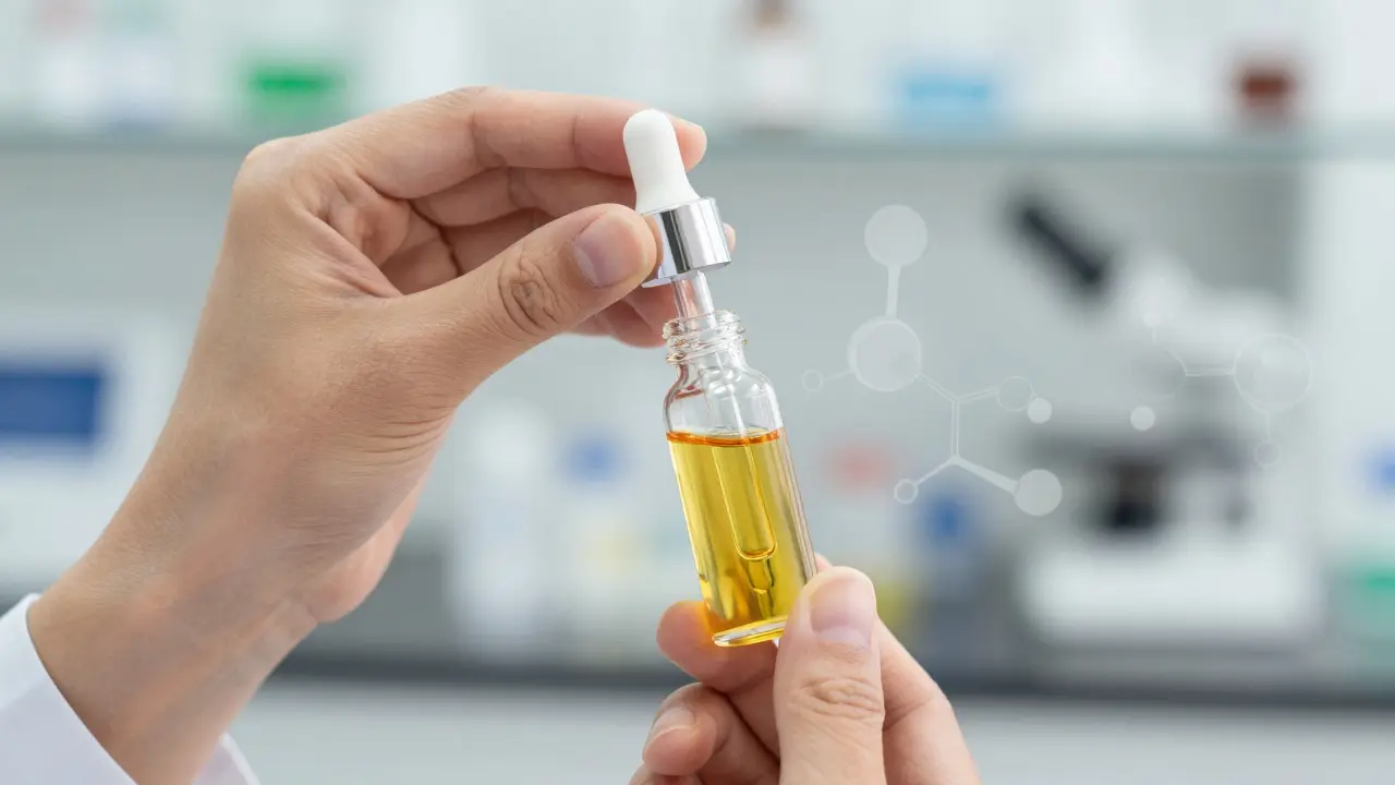 Ruka držící lahvičku s konopným olejem v laboratoři