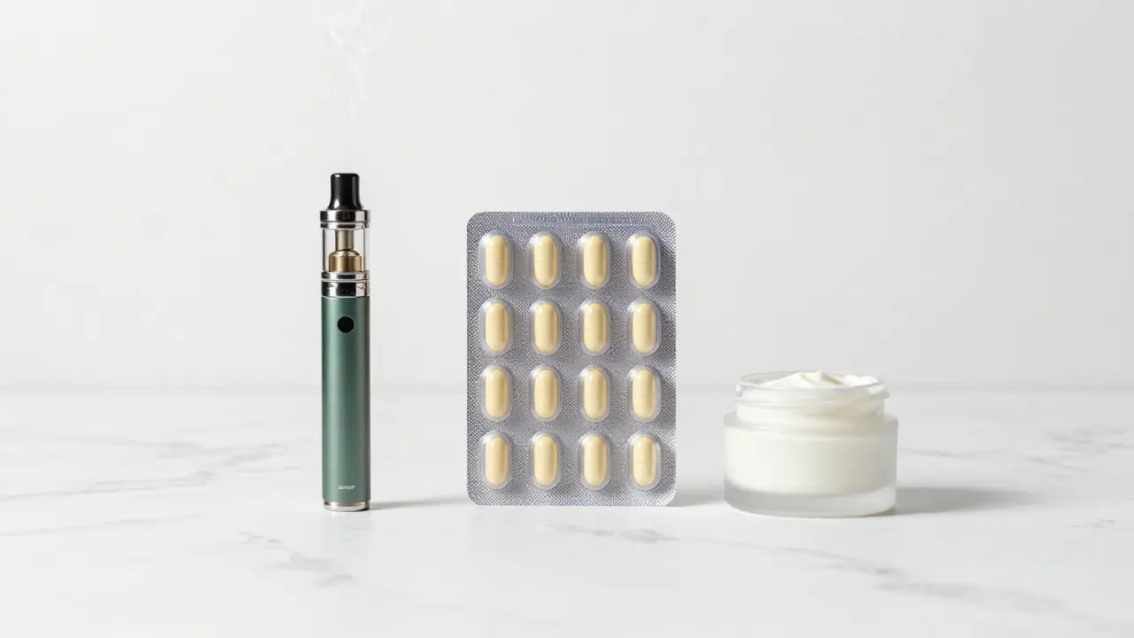 Různé formy CBD: kapsle, vapink a krém